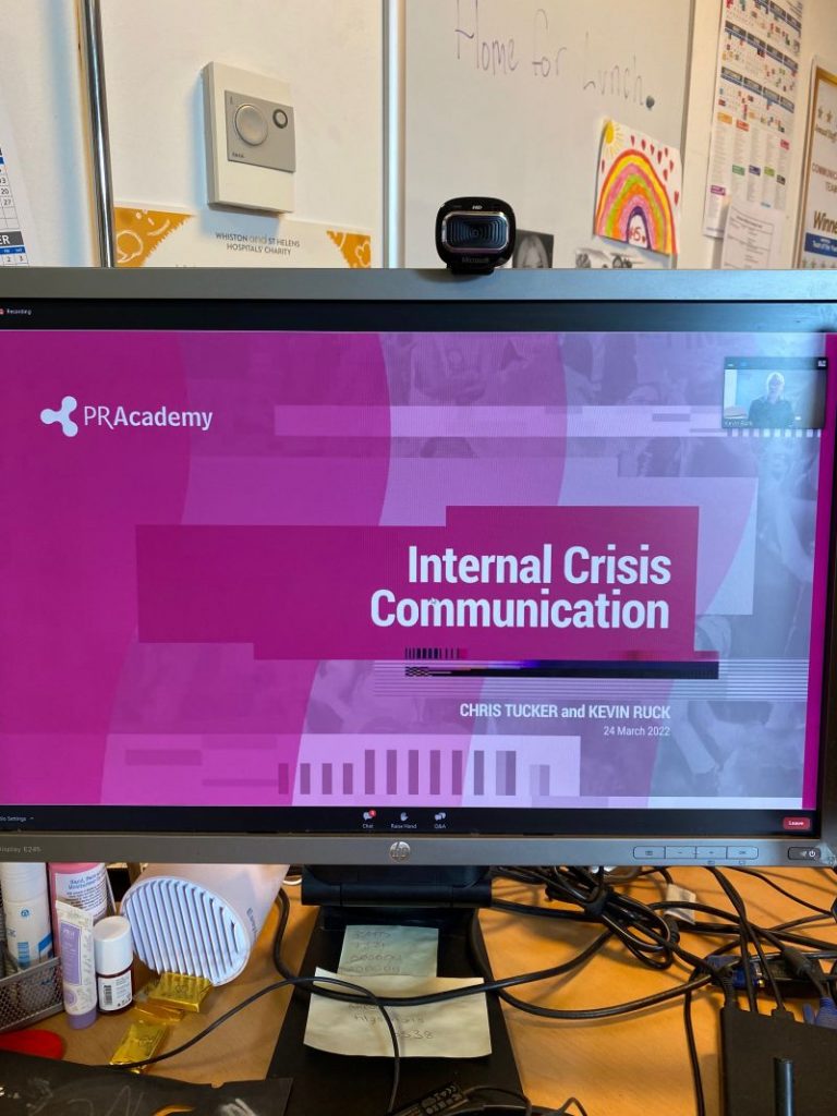 'Managed to squeeze a PR Academy Ltd webinar into my dinner break yesterday, emphasising the importance of keeping staff at the centre of communications, even in a crisis. (And yes my desk is in some sort of crisis of its own).' Clare Jennings on LinkedIn.