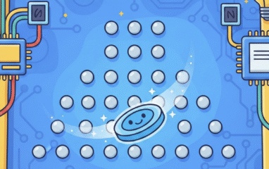 An AI generated image of a Plinko board - a blue board with grey counters on it