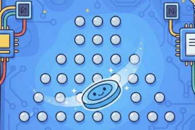 An AI generated image of a Plinko board - a blue board with grey counters on it