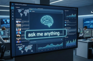 A large blue screen in a room where people are all sat in front of screens. It carries the words Ask Me Anything