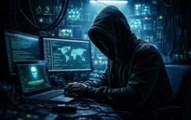 AI generated image of a cyber attacker in a hoodie, fact hidden, at a computer