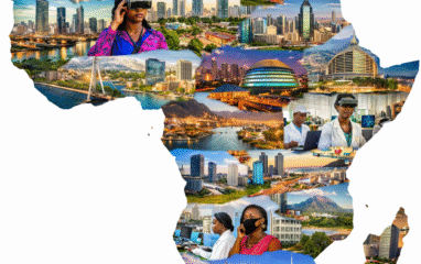 A collage in the shape of the African continent showing a mix of modern African cityscapes, renewable energy sites, scientific labs, ports and cultural landmarks such as pyramids, illustrating Africa’s diversity and innovation.