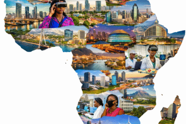 A collage in the shape of the African continent showing a mix of modern African cityscapes, renewable energy sites, scientific labs, ports and cultural landmarks such as pyramids, illustrating Africa’s diversity and innovation.