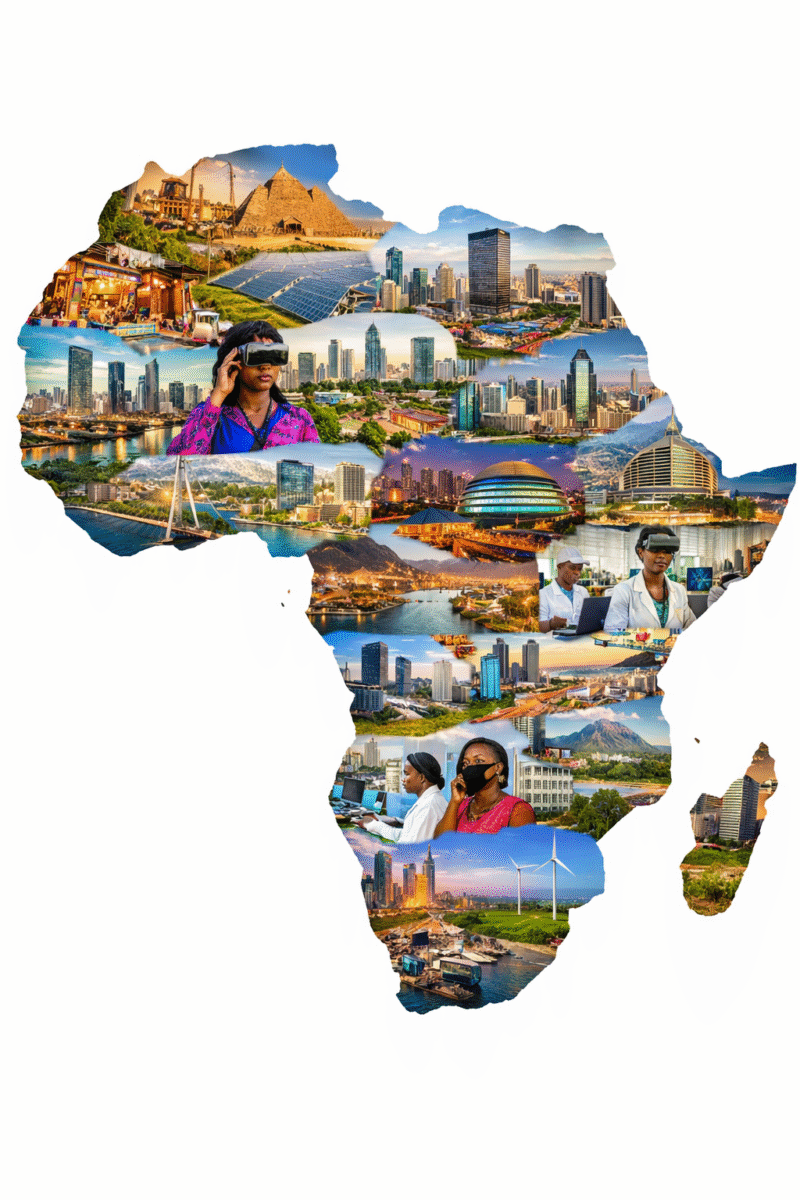 A collage in the shape of the African continent showing a mix of modern African cityscapes, renewable energy sites, scientific labs, ports and cultural landmarks such as pyramids, illustrating Africa’s diversity and innovation.