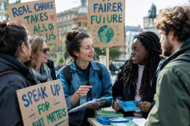Diverse campaigners gathered together in an urban setting, holding handmade placards and discussing campaign materials, candid documentary photography, natural light, energetic but authentic atmosphere.
