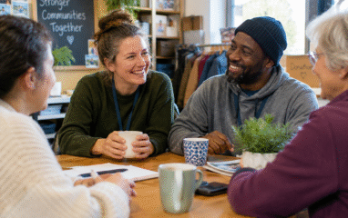 Volunteers sitting around a table in a community charity space, talking and sharing a relaxed moment together.