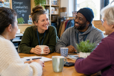 Volunteers sitting around a table in a community charity space, talking and sharing a relaxed moment together.