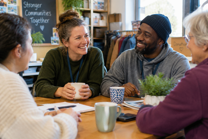 Volunteers sitting around a table in a community charity space, talking and sharing a relaxed moment together.
