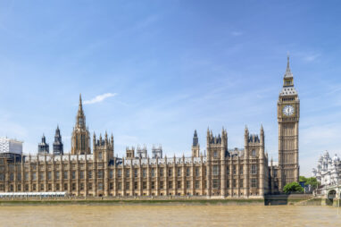 Beautiful panoramic view of Westminster Palace and river Thames, London.